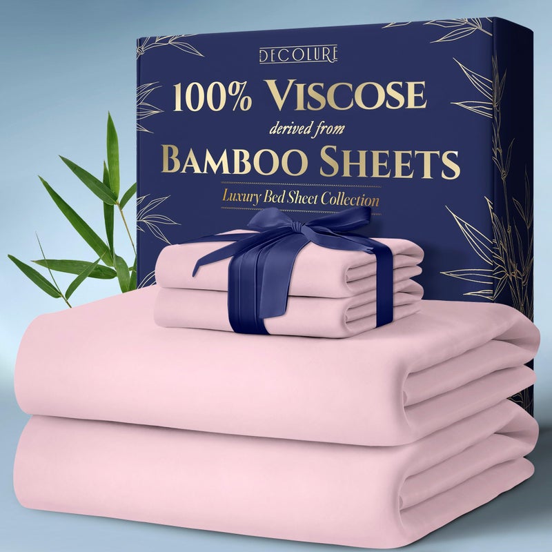 DECOLURE 100 Viscose Derived from Bamboo Sheets Queen Size 4pcs  Ultra Soft  Luxuriously Cooling 17 Deep Pocket Double Stitching Perfect for Hot Sleepers  Queen Bed Sheets Light Pink