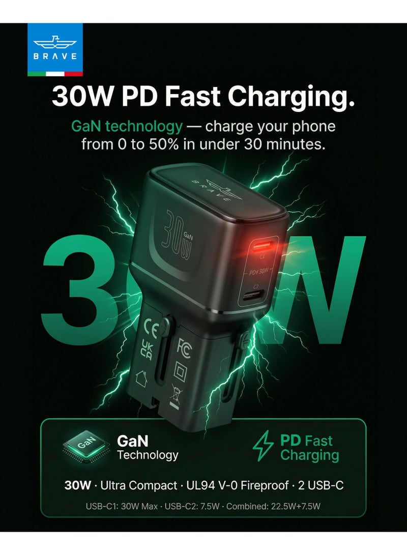 Brave 30W GaN USB-C Charger Dual Type-C PD PPS | Universal Travel Adapter All-in-One with US UK EU AU Plugs | Supports 200 Countries | Fast Charging for iPhone 17/16/15/14, iPad, Galaxy S25/S24, Pixel | Compact Travel Charger - Black - Image 2