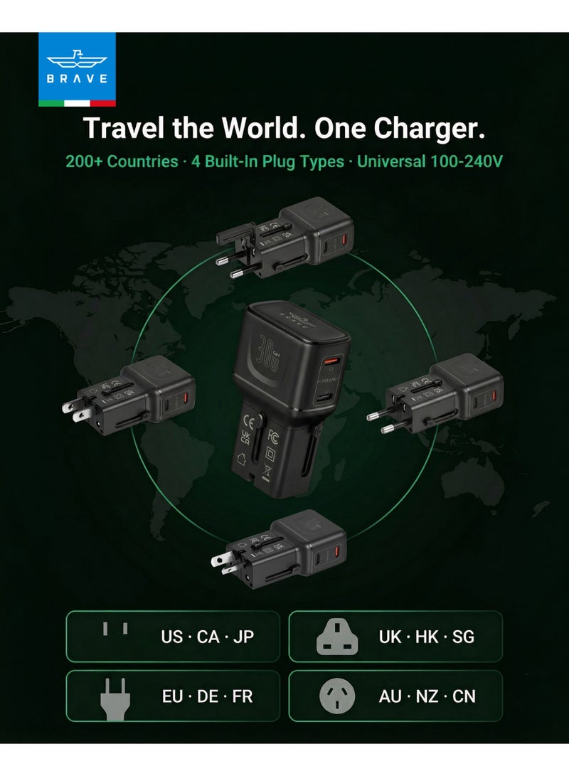 Brave 30W GaN USB-C Charger Dual Type-C PD PPS | Universal Travel Adapter All-in-One with US UK EU AU Plugs | Supports 200 Countries | Fast Charging for iPhone 17/16/15/14, iPad, Galaxy S25/S24, Pixel | Compact Travel Charger - Black - Image 3