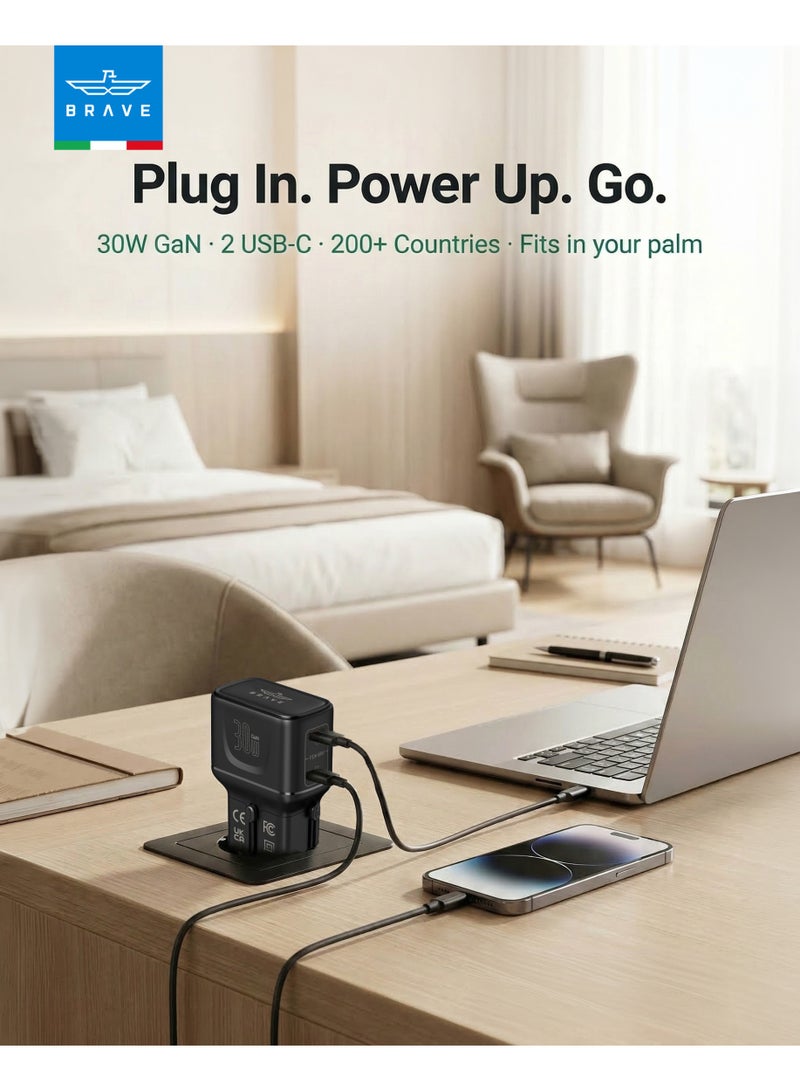 Brave 30W GaN USB-C Charger Dual Type-C PD PPS | Universal Travel Adapter All-in-One with US UK EU AU Plugs | Supports 200 Countries | Fast Charging for iPhone 17/16/15/14, iPad, Galaxy S25/S24, Pixel | Compact Travel Charger - Black - Image 4