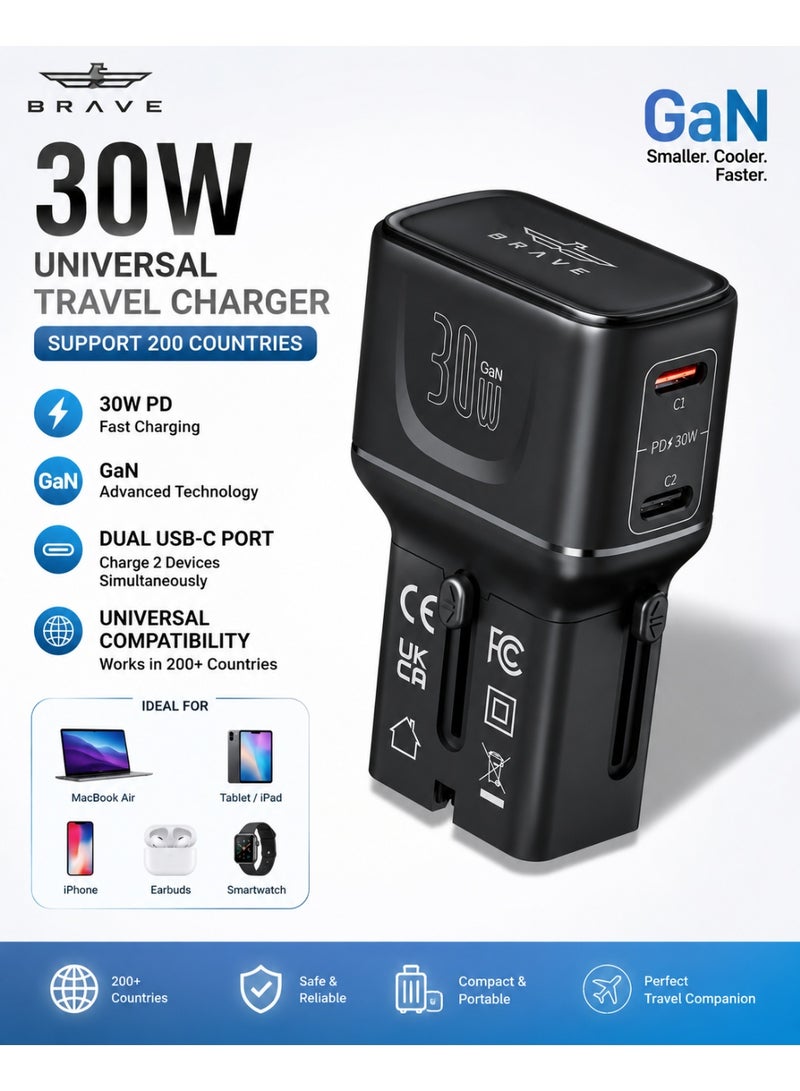 Brave 30W GaN USB-C Charger Dual Type-C PD PPS | Universal Travel Adapter All-in-One with US UK EU AU Plugs | Supports 200 Countries | Fast Charging for iPhone 17/16/15/14, iPad, Galaxy S25/S24, Pixel | Compact Travel Charger - Black - Image 1