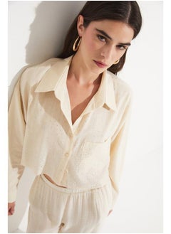JUNE June Women Cotton Stone Detailed Crop Woven Shirt Stone  - Image 3