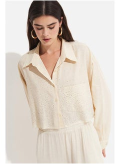 JUNE June Women Cotton Stone Detailed Crop Woven Shirt Stone  - Image 4