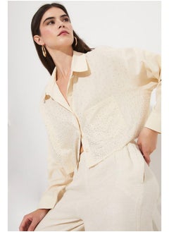 JUNE June Women Cotton Stone Detailed Crop Woven Shirt Stone  - Image 1