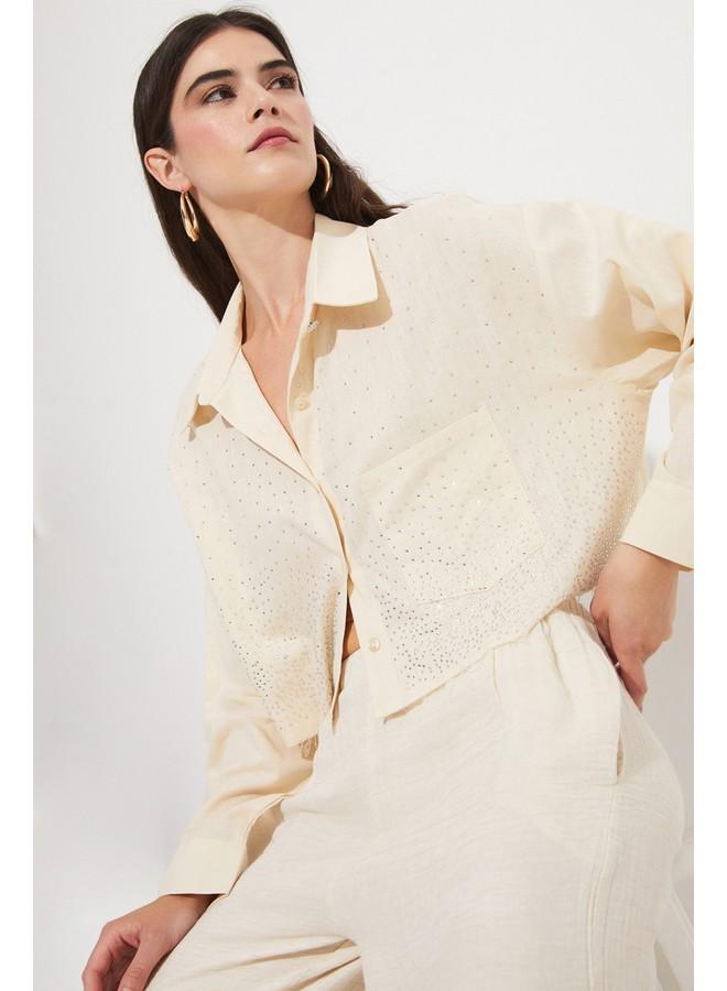 جون قميص قطن نسائي مفصل بحجر من جوني - ستون - Image 1