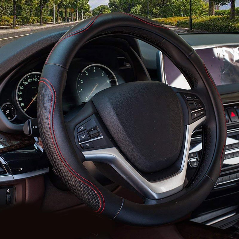 Valleycomfy Leather Steering Wheel Covers Universal 15 inch Breathable Anti Slip  Odor Free Black with Red LinesM14 1215 14