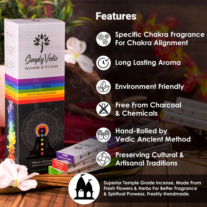 Simply Vedic 7 chakra Incense Sticks, Aromatic Bliss for Balance & Healing| Handcrafted 140 Sticks with Pure Natural Scents to Align Energy Centers, Aromatherapy, Meditation, Yoga, Promote Relaxation - Image 4