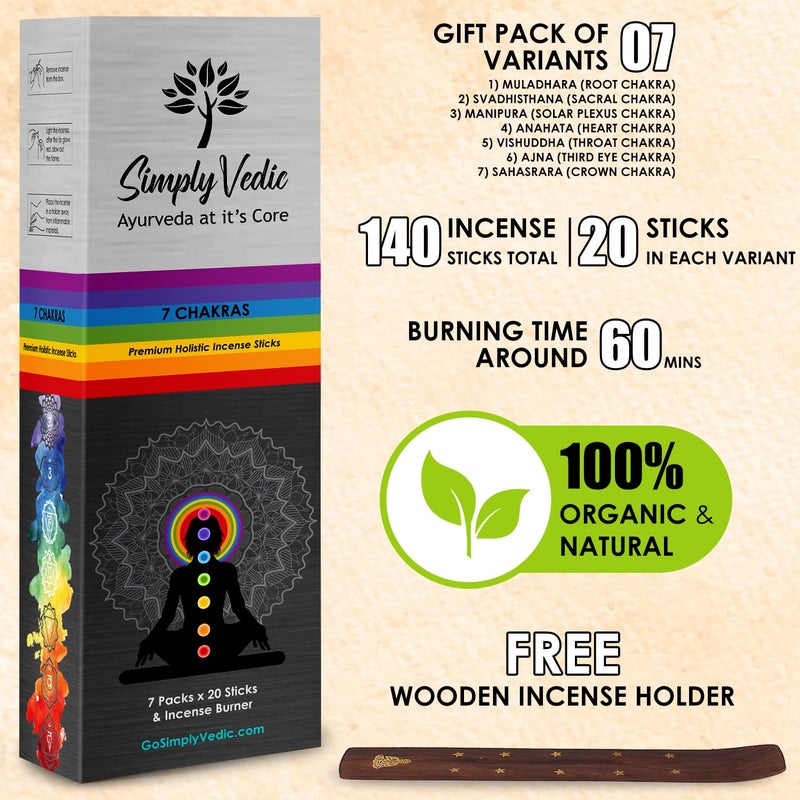 Simply Vedic 7 chakra Incense Sticks, Aromatic Bliss for Balance & Healing| Handcrafted 140 Sticks with Pure Natural Scents to Align Energy Centers, Aromatherapy, Meditation, Yoga, Promote Relaxation - Image 2