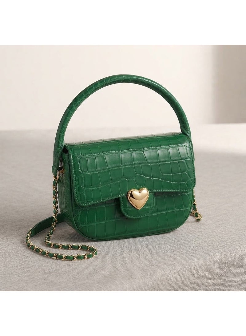 Elegant Crocodile-Embossed Top Handle Shoulder & Crossbody Bag for Women with Heart Clasp and Gold-Tone Hardware