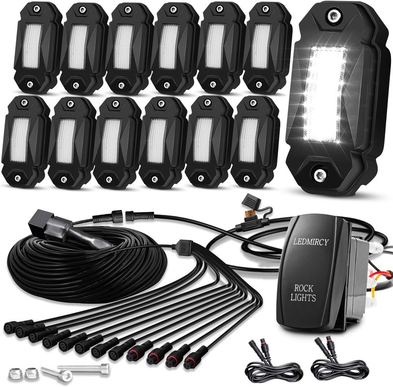 LEDMIRCY R2 Pure White Rock Lights Kit with Roker Switch Wire Harness 12PCS LED Rock Lights White for Jeep Offroad Trucks ATV UTV SUV Underglow Lights Trail Rig Lights Under Body High Power Waterproof - Image 1