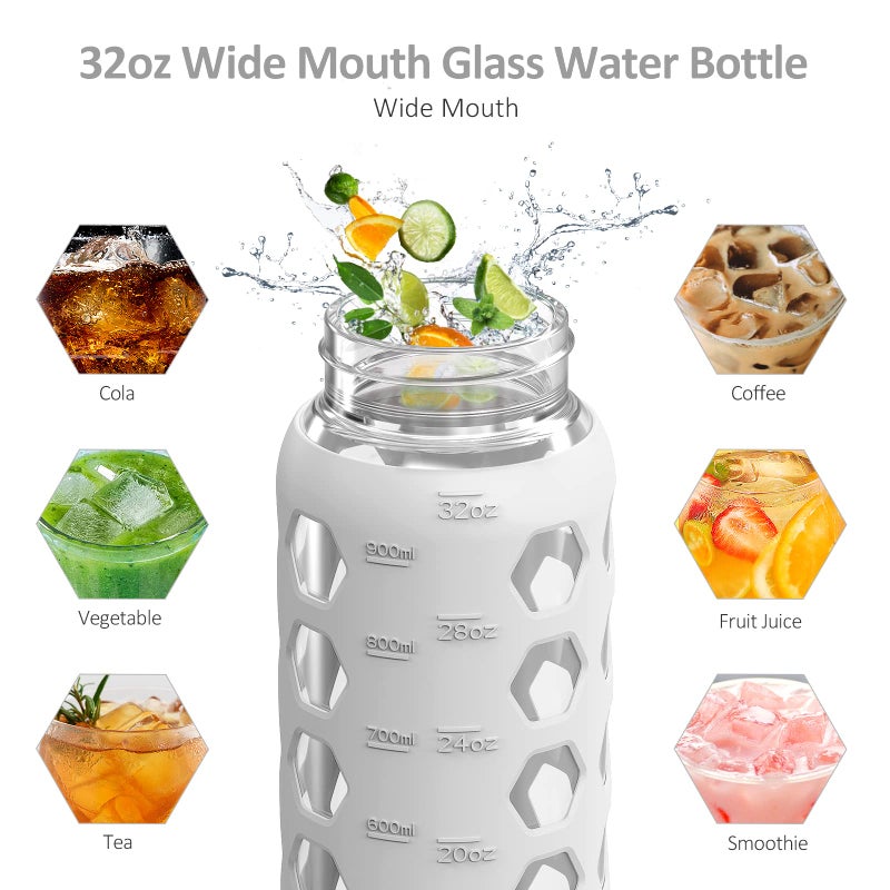 MUKOKO 32oz Glass Water Bottles with 2 Lids-Handle Spout Lid&Bamboo Straw Lid, Motivational Water Tumbler with Time Marker Reminder and Silicone Sleeve, Leakproof-White-1 Pack - Image 5