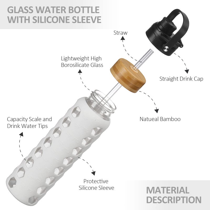 MUKOKO 32oz Glass Water Bottles with 2 Lids-Handle Spout Lid&Bamboo Straw Lid, Motivational Water Tumbler with Time Marker Reminder and Silicone Sleeve, Leakproof-White-1 Pack - Image 4