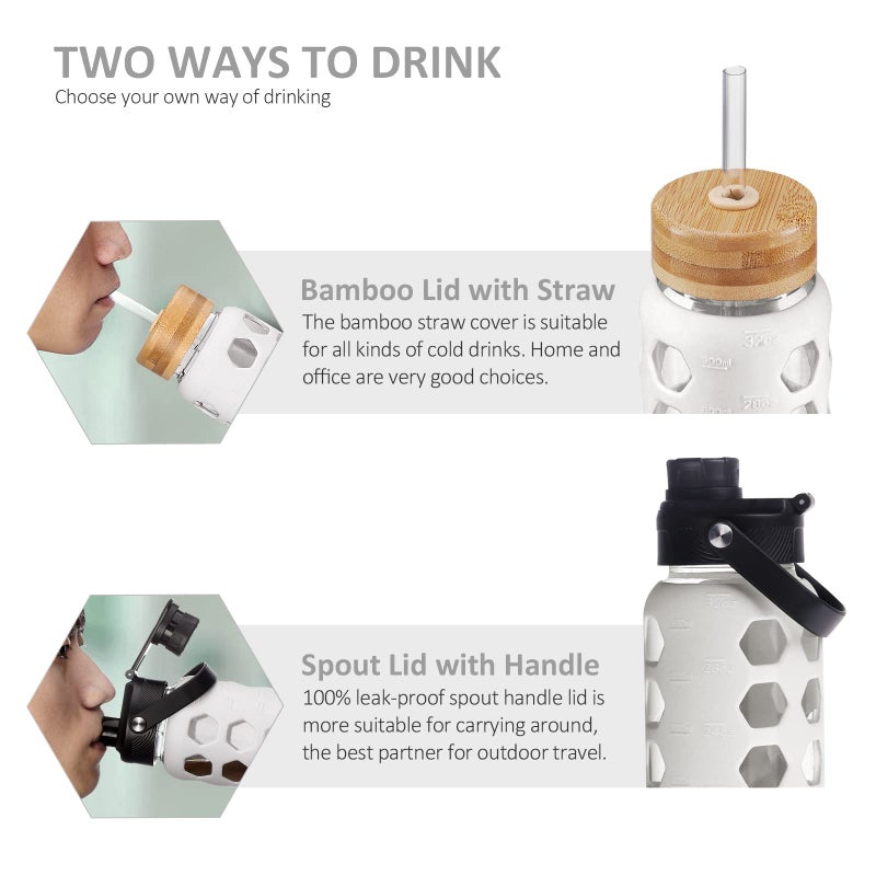 MUKOKO 32oz Glass Water Bottles with 2 Lids-Handle Spout Lid&Bamboo Straw Lid, Motivational Water Tumbler with Time Marker Reminder and Silicone Sleeve, Leakproof-White-1 Pack - Image 3