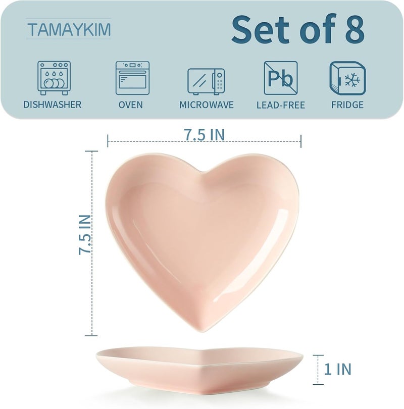 TAMAYKIM 75 Inch Porcelain Dessert Plates Heart Shaped Salad Appetizer Plates Small Dinnerware Set Restaurant Dishes Microwave Oven  Dishwasher Safe Pink Set of 8 - Image 3