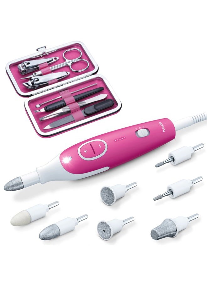 Beurer MP44 Professional Manicure and Pedicure Nail Drill Set, E-File with 7 attachments, LED Light, Electric Nail File with Additional Manual Nail kit, Pink - Image 1