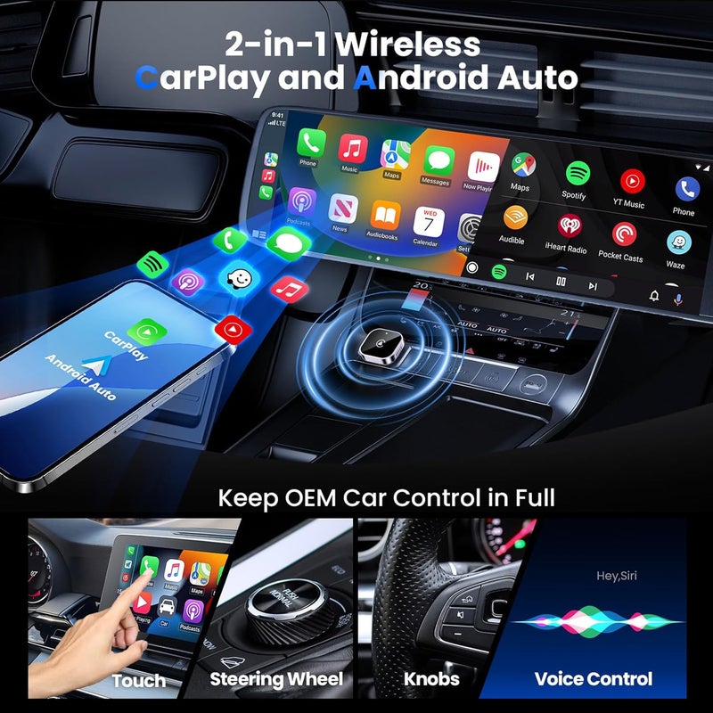 Teeran 2-in-1 Wireless CarPlay & Android Auto Adapter,Convert Wired to Wireless CarPlay Adapter,No Delay and Stable Control Mini Size with Extension Cable USB-C&Type-C,Supports 1000+ Car's Model Use - Image 3