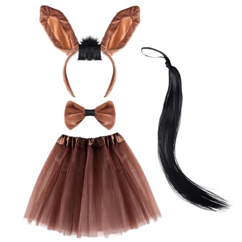 XLSXEXCL 4 Pieces Horse Animal Costume Horse Ears Headband Bow Tie with Tail Tutu for Women Halloween Christmas Carnival Cosplay Party Animal Suit - Image 1
