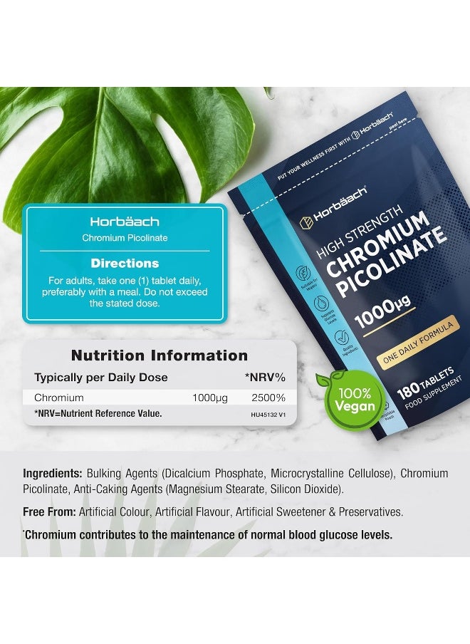 Horbäach Horbäach Chromium Picolinate 1000mcg | 180 Tablets | Supplement for Vegans & Vegetarians | Supports Normal Blood Sugar Levels | No Artificial Preservatives  - Image 3