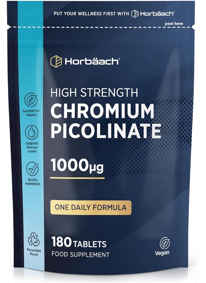 Horbäach Horbäach Chromium Picolinate 1000mcg | 180 Tablets | Supplement for Vegans & Vegetarians | Supports Normal Blood Sugar Levels | No Artificial Preservatives  - Image 1