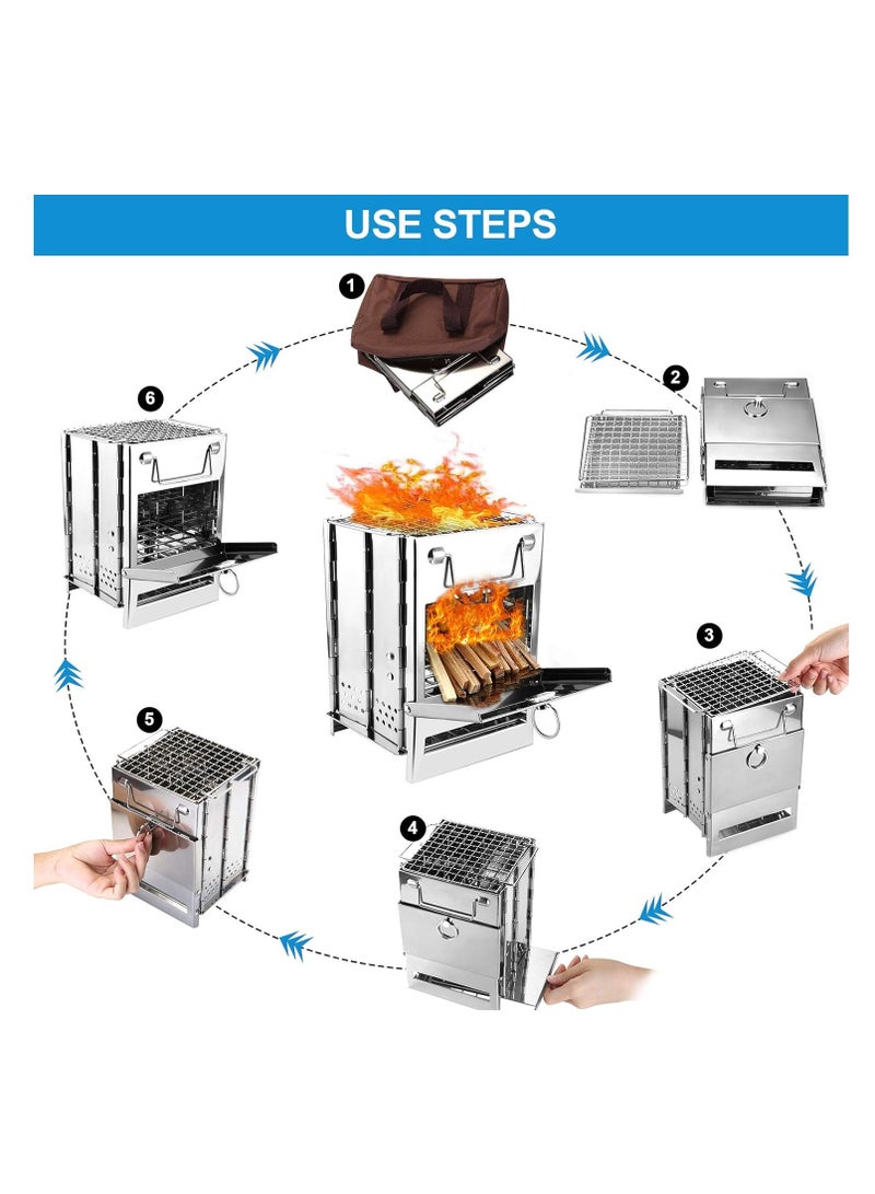 XiuWoo Portable Multi Metal Camping Wood Burning Stove, Stainless Steel Compact Foldable Fuel Camp Stove, Camping Stove with Storage Bag for Backpacking Hiking Travelling Cooking BBQ  - Image 3