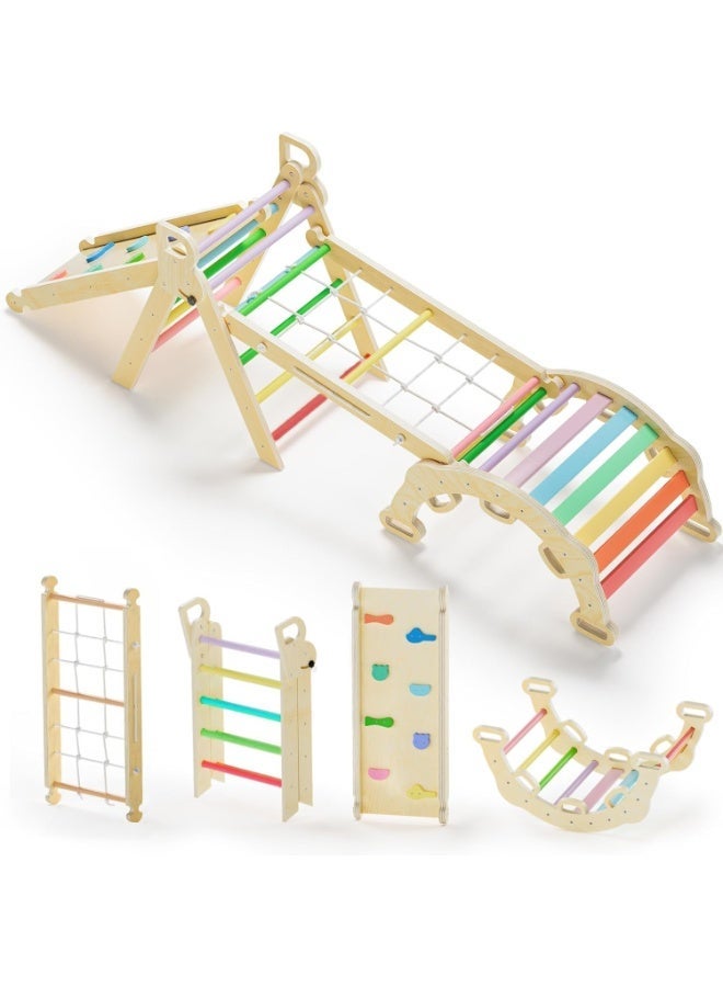 YOUWE7 Pikler Triangle Set, Foldable 7 in 1 Baby Climbing Toys Wooden Montessori Climbing Set with Handle, Sliding Ramp & Arch, Playground Jungle Gym for Kids Age 2-6 - Rainbow (Rainbow) - Image 1