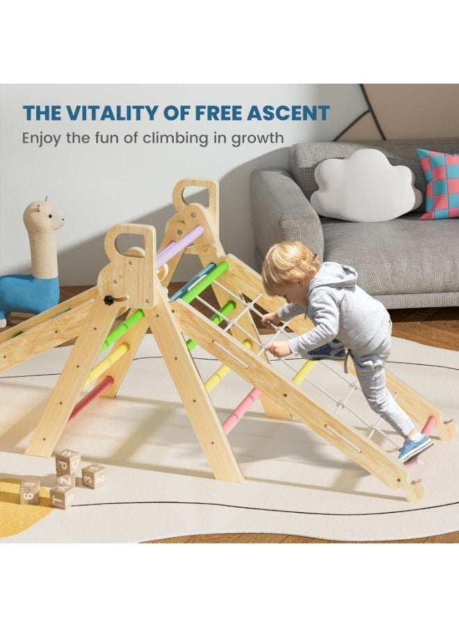 YOUWE7 Pikler Triangle Set, Foldable 7 in 1 Baby Climbing Toys Wooden Montessori Climbing Set with Handle, Sliding Ramp & Arch, Playground Jungle Gym for Kids Age 2-6 - Rainbow (Rainbow) - Image 3