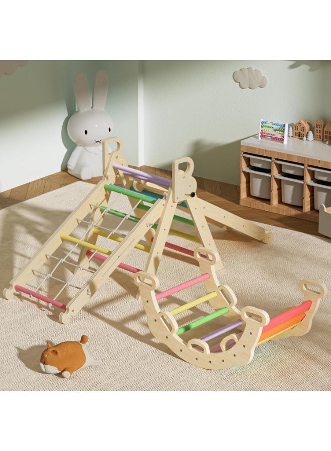 YOUWE7 Pikler Triangle Set, Foldable 7 in 1 Baby Climbing Toys Wooden Montessori Climbing Set with Handle, Sliding Ramp & Arch, Playground Jungle Gym for Kids Age 2-6 - Rainbow (Rainbow) - Image 5
