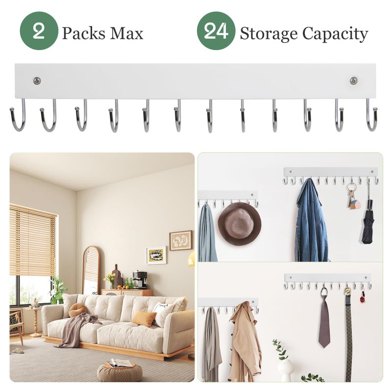 AnDock 2 Pack Purse Organizer Wall Mount with 24 Rotating 180Â° Coat Rack, 14.6" Wooden Entryway Purse Holder, Wall Hooks for Hanging Belts, Ties, Keys, Scarf, Bras, Bag, Space Saving Hanger (White) - Image 3