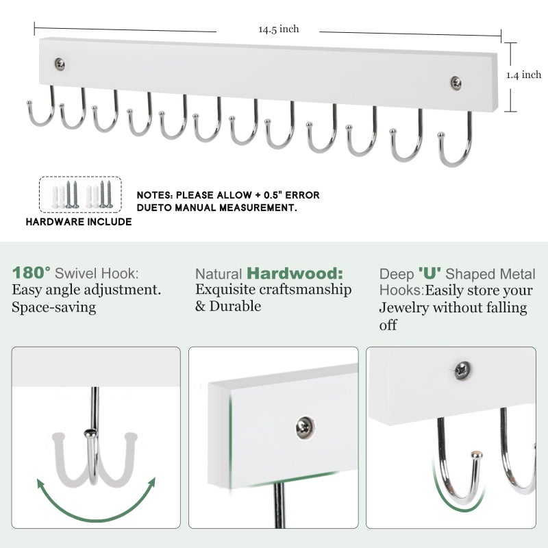 AnDock 2 Pack Purse Organizer Wall Mount with 24 Rotating 180Â° Coat Rack, 14.6" Wooden Entryway Purse Holder, Wall Hooks for Hanging Belts, Ties, Keys, Scarf, Bras, Bag, Space Saving Hanger (White) - Image 4