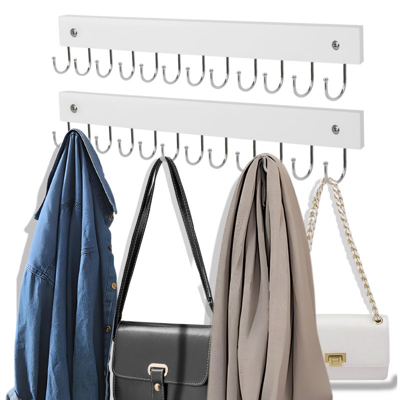 AnDock 2 Pack Purse Organizer Wall Mount with 24 Rotating 180Â° Coat Rack, 14.6" Wooden Entryway Purse Holder, Wall Hooks for Hanging Belts, Ties, Keys, Scarf, Bras, Bag, Space Saving Hanger (White) - Image 1