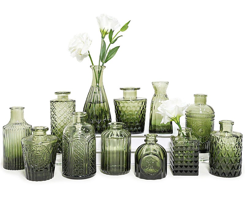 SUPMIND 12pcs Glass Bud Vase Set, Small Green Flower Vases for Centerpieces in Bulk, Mini Vintage Vase for Wedding, Home,Table Decoration - Image 1