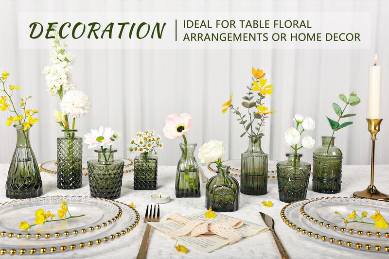 SUPMIND 12pcs Glass Bud Vase Set, Small Green Flower Vases for Centerpieces in Bulk, Mini Vintage Vase for Wedding, Home,Table Decoration - Image 3
