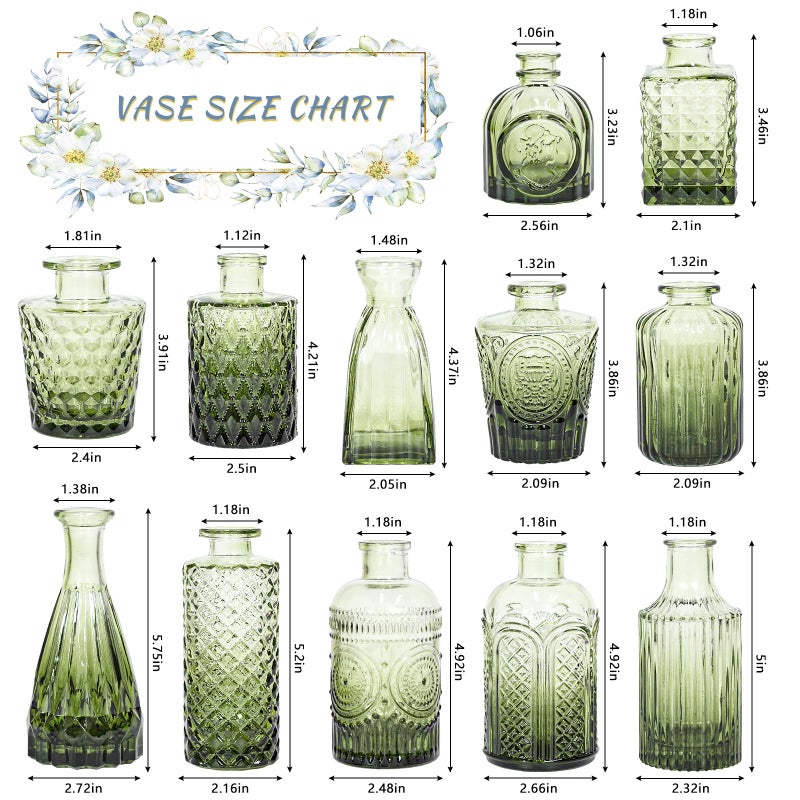 SUPMIND 12pcs Glass Bud Vase Set, Small Green Flower Vases for Centerpieces in Bulk, Mini Vintage Vase for Wedding, Home,Table Decoration - Image 2