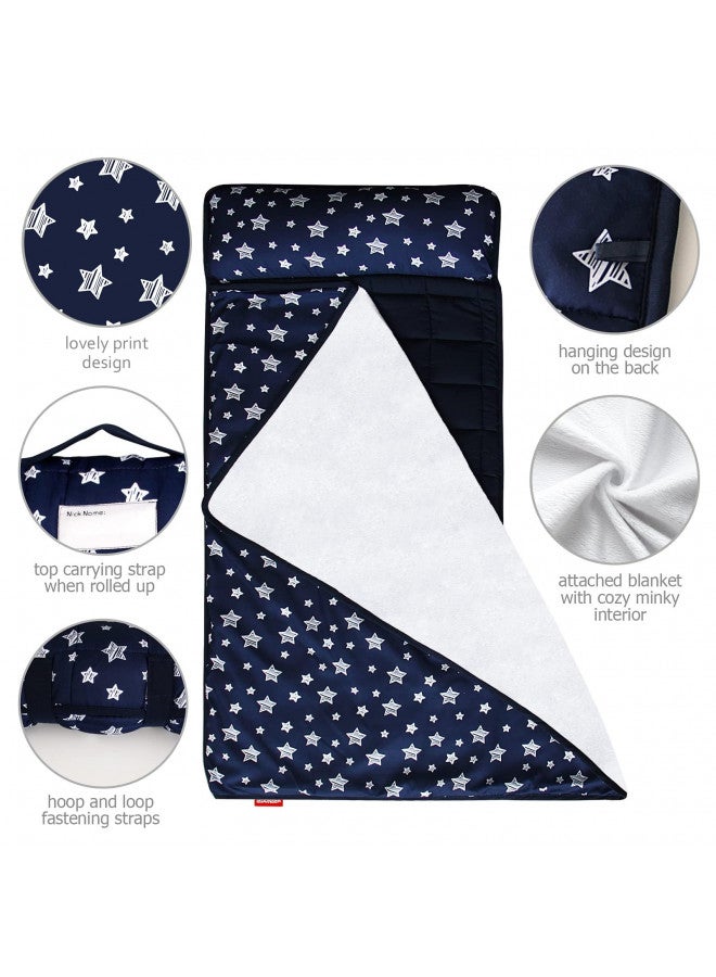 Moonsea Moonsea Toddler Nap Mat Boy Navy with Pillow and Fleece Minky Blanket, Lightweight and Soft Perfect for Kids Preschool, Daycare, Travel Sleeping Bag for Boys, 21" x 50" Fit on a Standard Cot  - Image 2
