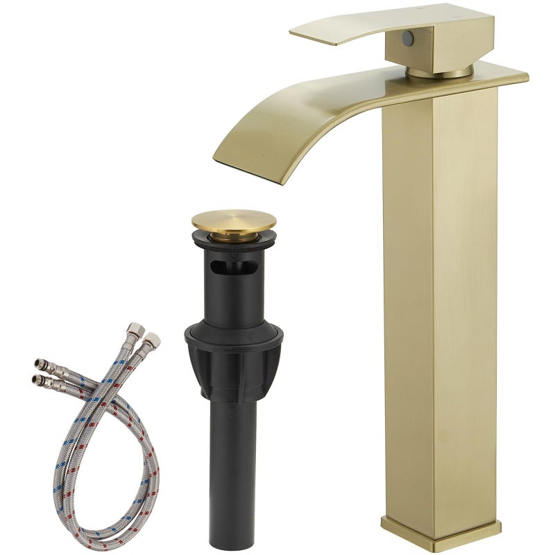 Bathfinesse Vessel Sink Faucet Brushed Gold Waterfall Spout Faucet for Bathroom Sink Tall Single Handle One Hole Deck Mount Bowl Vanity Sink Taps with Popup Drain Stopper