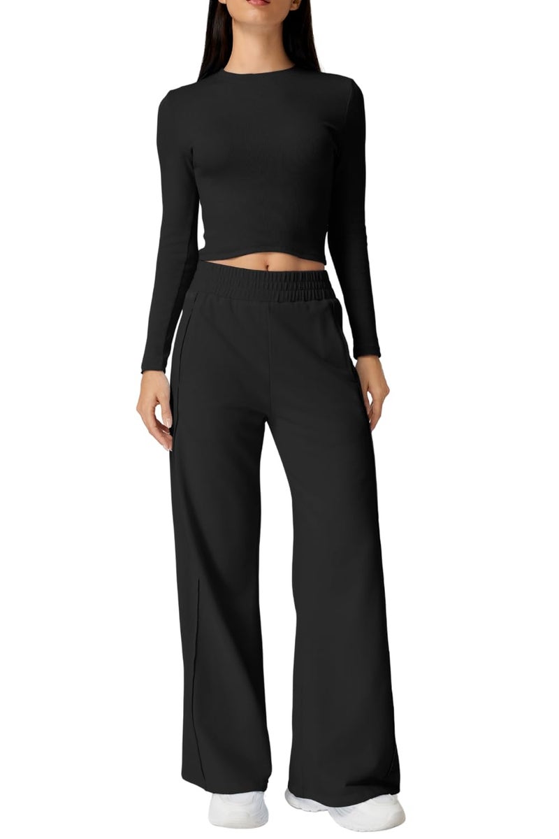 QINSEN Womens 2 Piece Sets Long Sleeve Slim Fit Crop Tops Wide Leg Pants Matching Lounge Set Black XL - Image 1