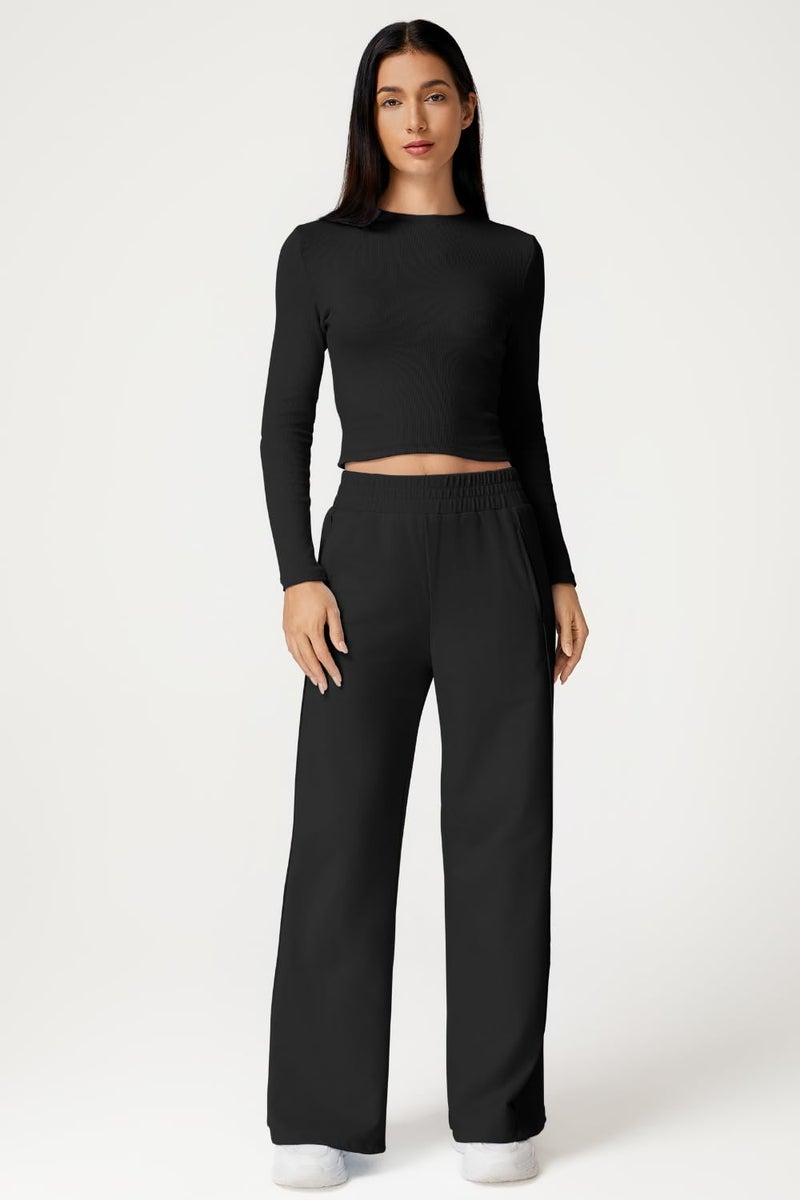 QINSEN Womens 2 Piece Sets Long Sleeve Slim Fit Crop Tops Wide Leg Pants Matching Lounge Set Black XL - Image 5