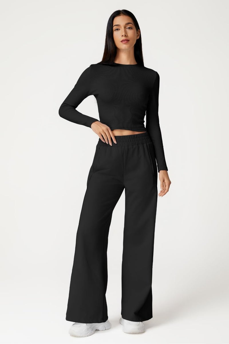 QINSEN Womens 2 Piece Sets Long Sleeve Slim Fit Crop Tops Wide Leg Pants Matching Lounge Set Black XL - Image 4