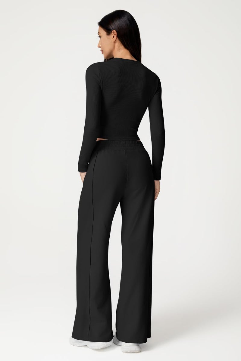 QINSEN Womens 2 Piece Sets Long Sleeve Slim Fit Crop Tops Wide Leg Pants Matching Lounge Set Black XL - Image 2