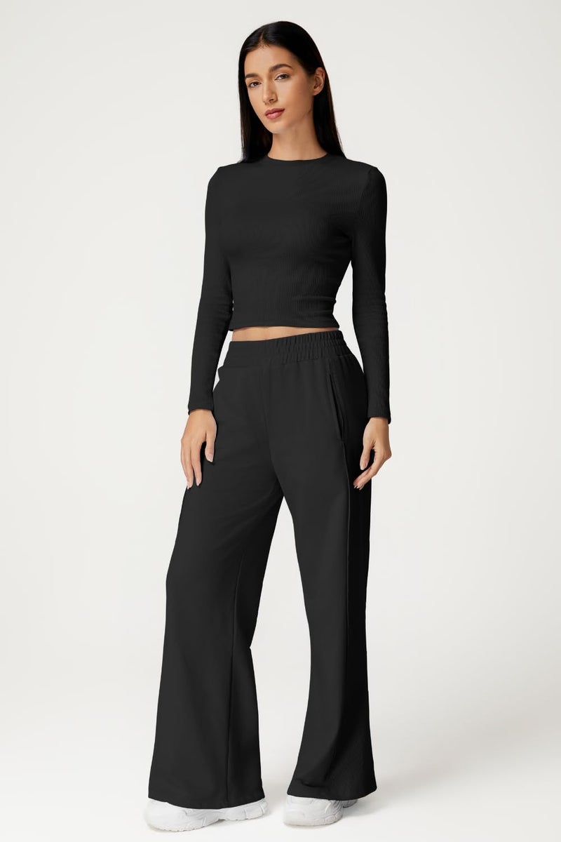 QINSEN Womens 2 Piece Sets Long Sleeve Slim Fit Crop Tops Wide Leg Pants Matching Lounge Set Black XL - Image 3