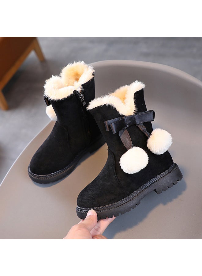 Children's Snow Boots, Girls' Winter Velvet Bow Non-slip Fur Integrated Girls' Thickeneded Boots And Cotton Shoes