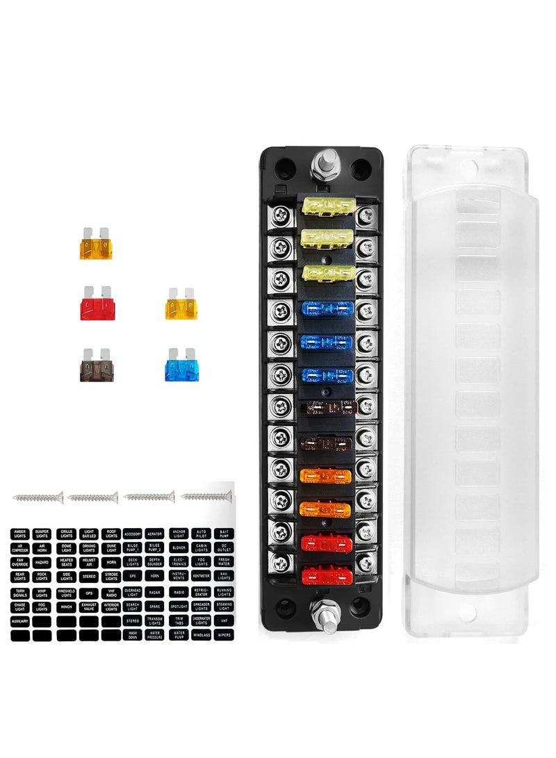 SOLARAE 12 Way Blade Fuse Block,12 Circuit ATC/ATO Fuse Box Holder with LED Indicator Waterproof Protection Cover Sticker for Automotive Truck Boat Marine RV - Image 1