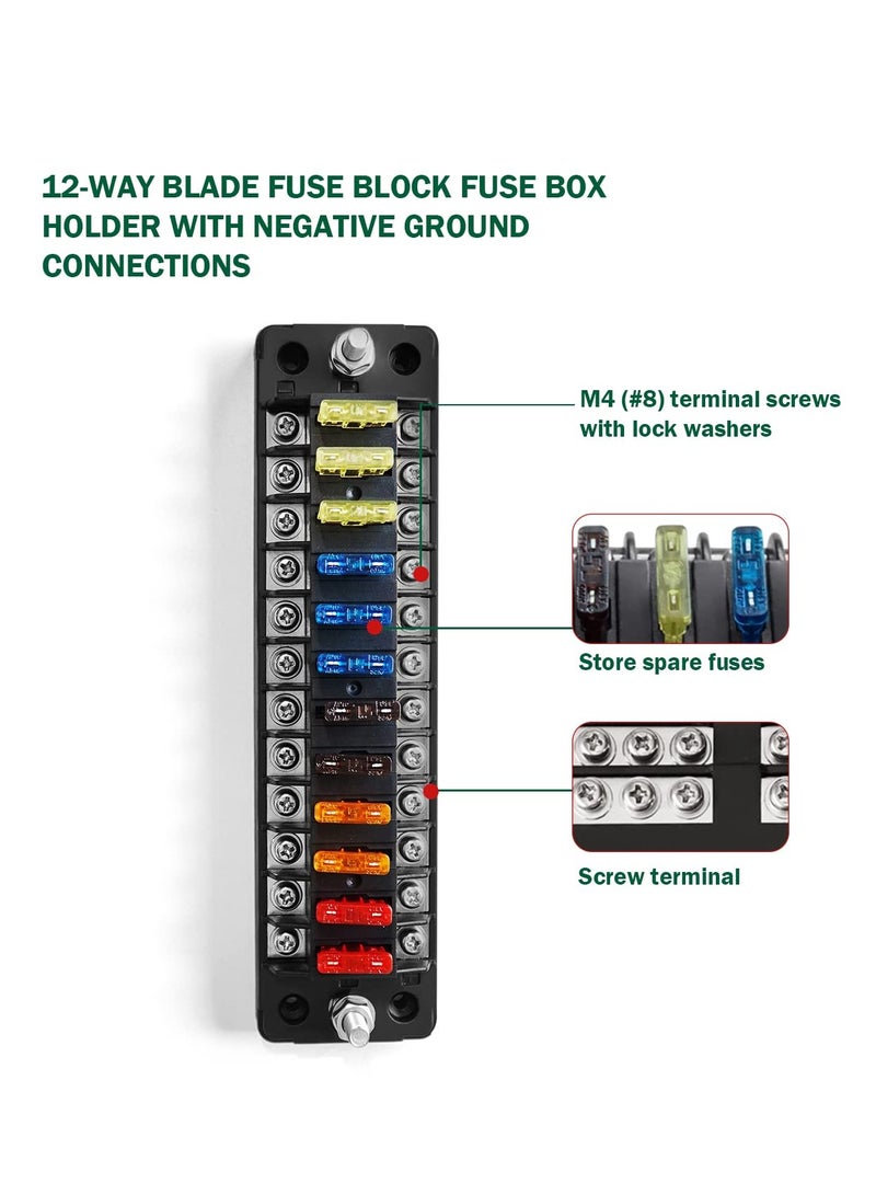 SOLARAE 12 Way Blade Fuse Block,12 Circuit ATC/ATO Fuse Box Holder with LED Indicator Waterproof Protection Cover Sticker for Automotive Truck Boat Marine RV - Image 2