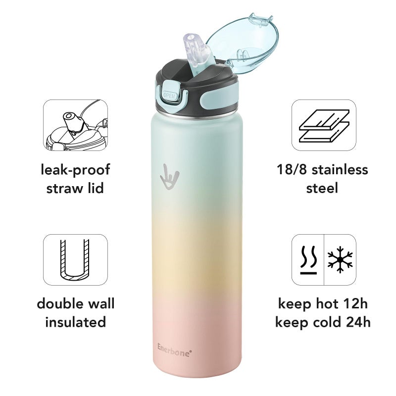 Enerbone 32 oz Insulated Water Bottle, Stainless Steel Bottle with Carrying Strap, Double-Wall Vacuum Insulation Design, Leakproof Sports Bottle with Straw, Keep Drinks Cold or Hot for Hours - Image 2