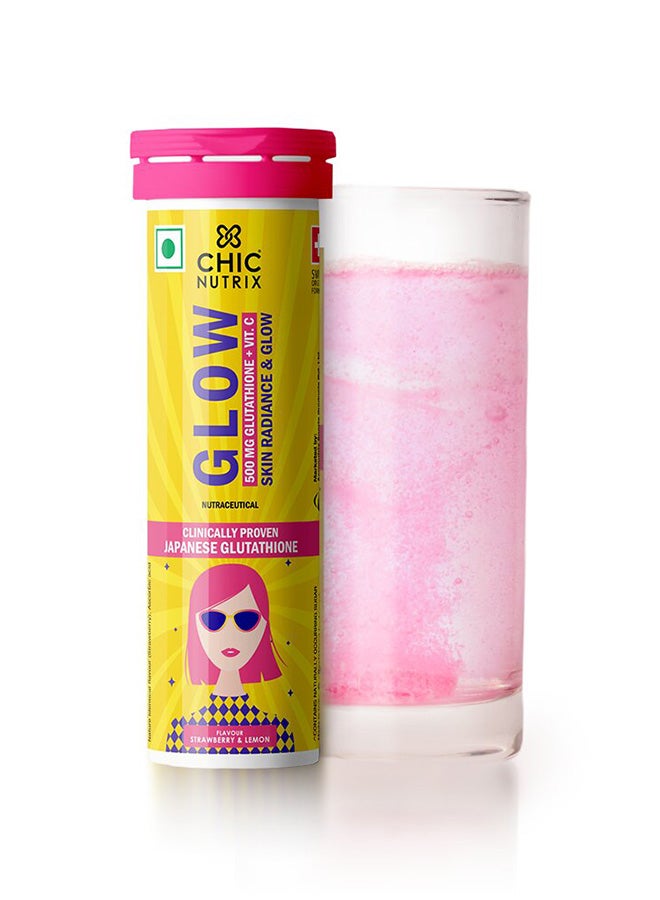 CHICNUTRIX Glow - Japanese Glutathione & Vit. C for skin radiance & even tone - 10 Effervescent Tablets, Strawberry-Lemon flavour - Image 1