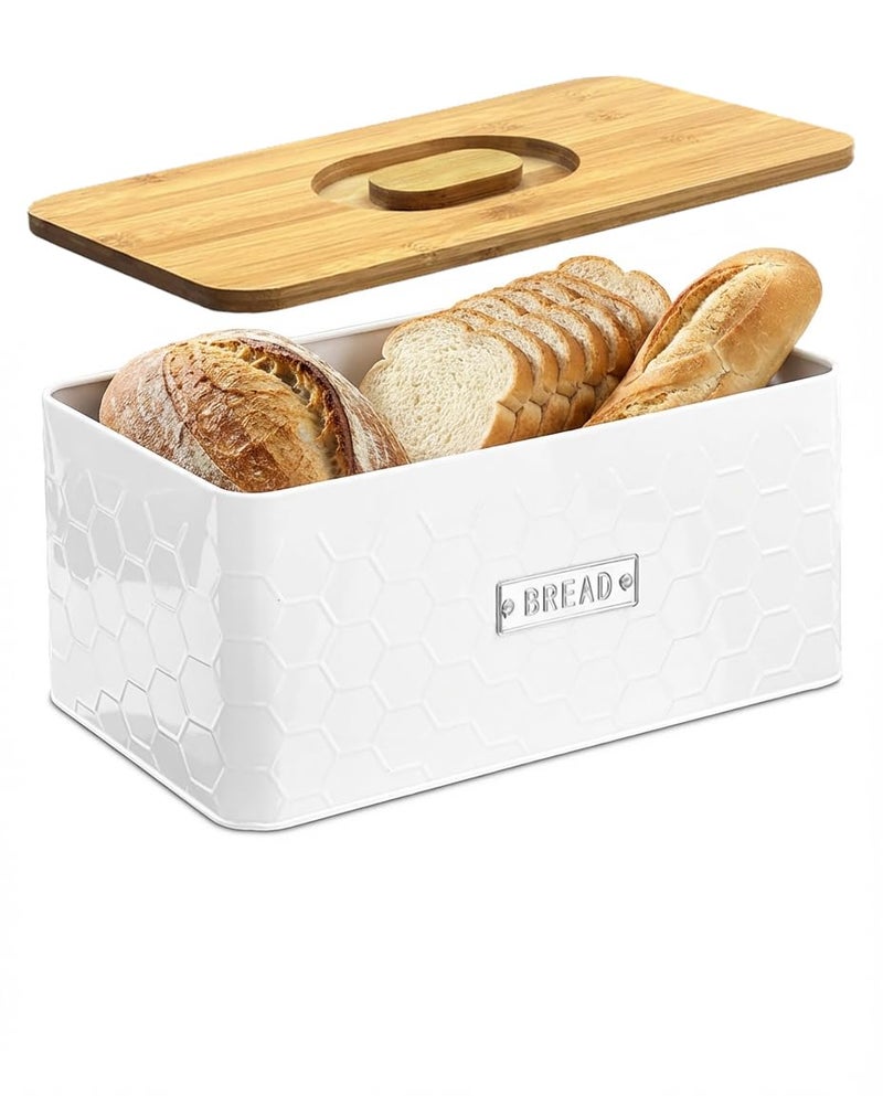 vensovo Bread Box for Countertop â€“ Large White Metal Bread Bin with Bamboo Cutting Board Lid, Farmhouse Bread Storage Container for Homemade Bread, Baked Goods & Kitchen Counter Organization - Image 1