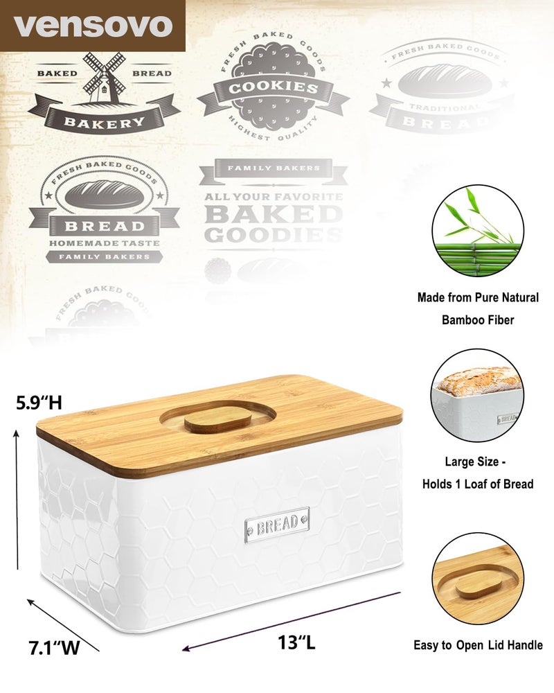 vensovo Bread Box for Countertop â€“ Large White Metal Bread Bin with Bamboo Cutting Board Lid, Farmhouse Bread Storage Container for Homemade Bread, Baked Goods & Kitchen Counter Organization - Image 2
