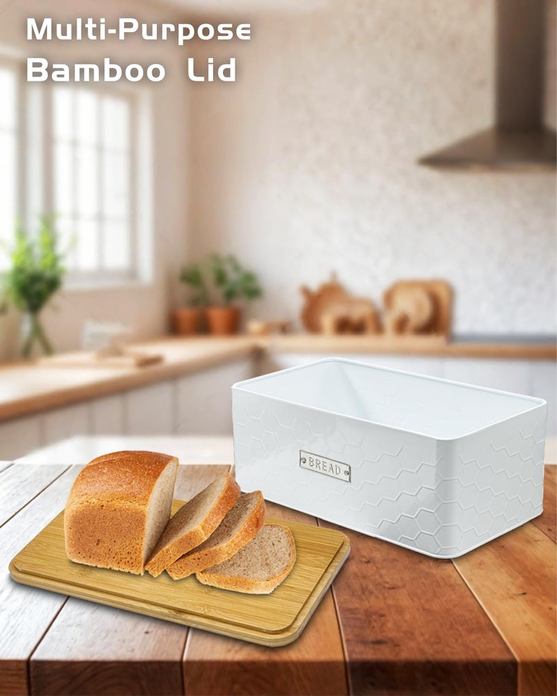 vensovo Bread Box for Countertop â€“ Large White Metal Bread Bin with Bamboo Cutting Board Lid, Farmhouse Bread Storage Container for Homemade Bread, Baked Goods & Kitchen Counter Organization - Image 4