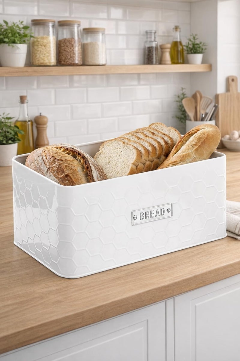 vensovo Bread Box for Countertop â€“ Large White Metal Bread Bin with Bamboo Cutting Board Lid, Farmhouse Bread Storage Container for Homemade Bread, Baked Goods & Kitchen Counter Organization - Image 3