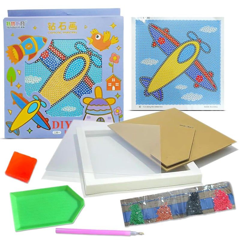 LitVibes DIY Diamond Painting Kit with Frame for Kids Adults Art Craft Set Suitable for Home Wall Decoration Fun Birthday Return Gift for Children Multicolor Game Aeroplane Design